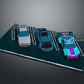 Three Different Colored Cars Parked In A Modern Parking Lot With Lines