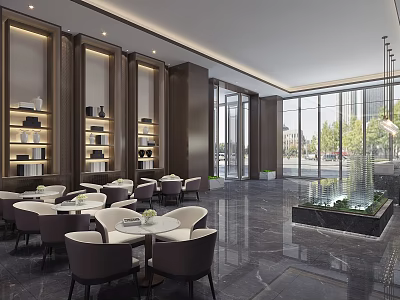Modern Luxury Sales Office Lobby With Marble Floor Large Windows And Tables Chairs Bookshelves 3d model