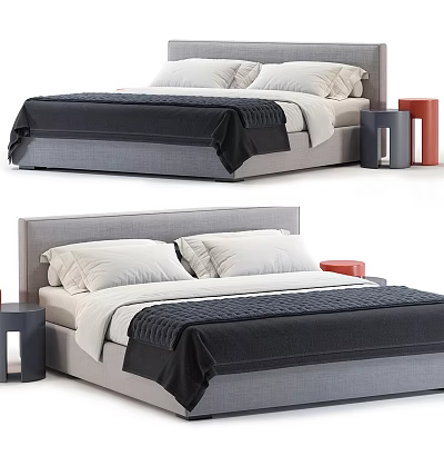 Modern Double Bed Interior With Gray Headboard White Pillows And Black Blanket 3d model
