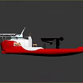 Red Boat Model Featuring White Superstructure Orange Emblem And Black Mechanical Arm 3d model
