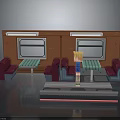 Dining Train Car Interior with Orange Walls Two Windows Red Sofa Seats and Green Tables