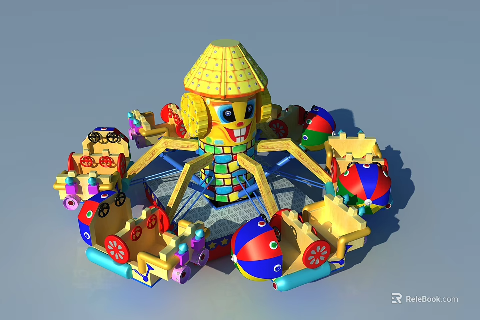 Colorful Kids Amusement Ride With Rotating Car Seats And Central Tower Structure 3d model 