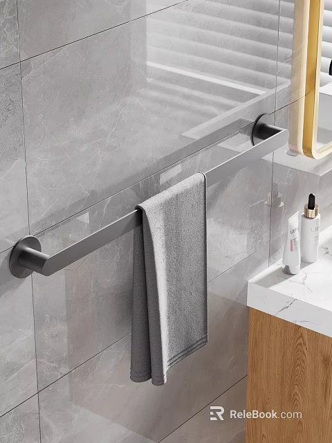 Bathroom Interior Featuring Gray Tiled Wall Black Towel Rack Gray Towel And Marble Countertop 3d model 