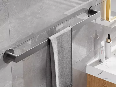 Bathroom Interior Featuring Gray Tiled Wall Black Towel Rack Gray Towel And Marble Countertop 3d model
