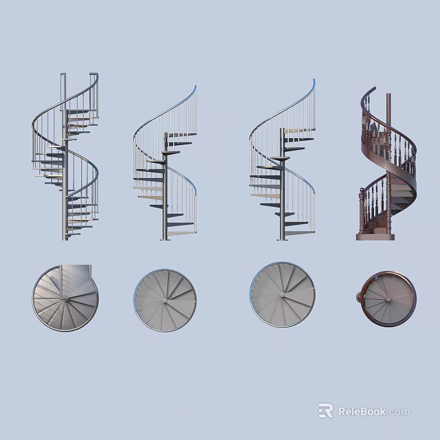 Modern Spiral Staircase Interior Design With Curved Steps And Metal Railings 3d model 