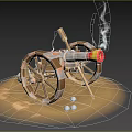 Old Firing Cannon With Wooden Wheels Flame Smoke And Cannonballs On Sand