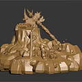 Golden Mythical Mountain 3D Model With Ornate Weapon Decorations And Rocky Textures