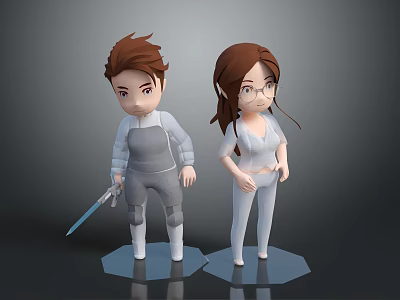 Cartoon Character Sculptures Featuring Male With Sword And Female In Glasses On Hexagon Bases 3d model