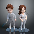 Cartoon Character Sculptures Featuring Male With Sword And Female In Glasses On Hexagon Bases