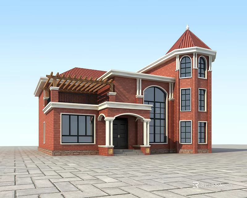 Detached Villa With Red Brick Exterior Pitched Roof Tower Large Windows And Porch 3d model 