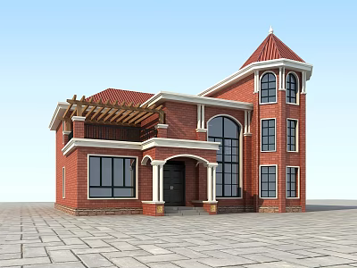 Detached Villa With Red Brick Exterior Pitched Roof Tower Large Windows And Porch 3d model