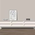 Modern White TV Stand With Decorative Painting Sculpture And Wooden Floor