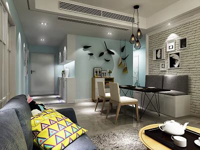 Modern Restaurant Interior With Blue Wall Fish Decorations Brick Wall Gray Sofa And Pendant Lights 3d model
