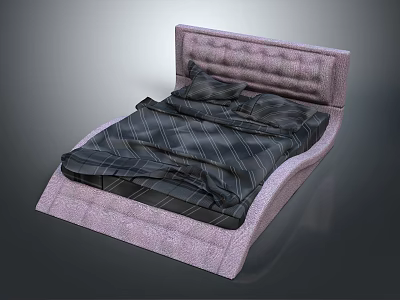 Double Bed With Pink Upholstered Headboard Frame And Dark Plaid Bedding 3d model