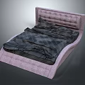 Double Bed With Pink Upholstered Headboard Frame And Dark Plaid Bedding 3d model
