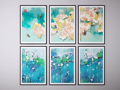 Colorful Botanical Paintings Set of Six with Floral Butterfly and Blue Green Background 3d model