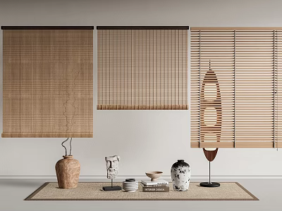 Bamboo Curtains Woven Grid and Venetian Styles with Decorative Items on White Wall 3d model