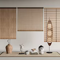Bamboo Curtains Woven Grid and Venetian Styles with Decorative Items on White Wall