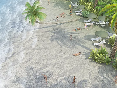 Scenic Tropical Beach with Palm Trees Clear Water and Sunbathers Relaxing 3d model