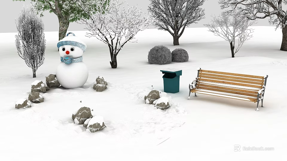 Snow Covered Trees in Winter Park Scene With Snowman Wooden Bench And Green Trash Can 3d model 
