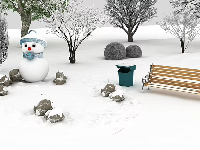 Snow Covered Trees in Winter Park Scene With Snowman Wooden Bench And Green Trash Can 3d model