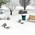 Snow Covered Trees in Winter Park Scene With Snowman Wooden Bench And Green Trash Can