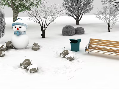 Snow Covered Trees in Winter Park Scene With Snowman Wooden Bench And Green Trash Can 3d model