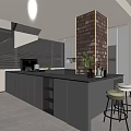 Modern Open Restaurant Kitchen Interior With Brick Wall Island And Bar Stools
