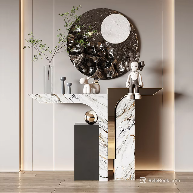 Modern Console Table with Marble Surface and Round Decorative Mirror Sculptures Vase Green Plant 3d model 