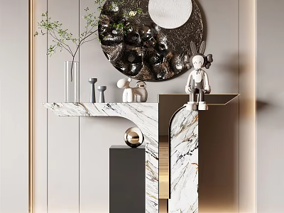 Modern Console Table with Marble Surface and Round Decorative Mirror Sculptures Vase Green Plant 3d model