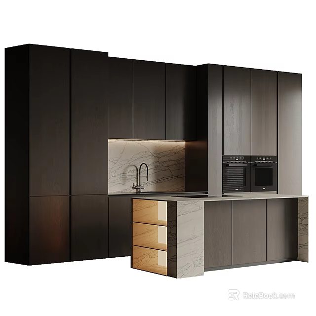 Modern Dark Wooden Kitchen Cabinets With Marble Island Countertop And Built in Appliances 3d model 
