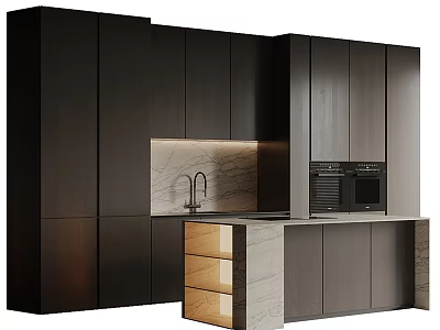 Modern Dark Wooden Kitchen Cabinets With Marble Island Countertop And Built in Appliances 3d model