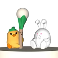 Cute Table Lamp with Round Light Shade Green Leaf Pole Yellow Chick and White Rabbit