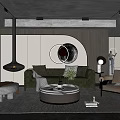 Modern Luxury Living Room Interior With Green Tufted Sofa Circular Mirror And Fireplace