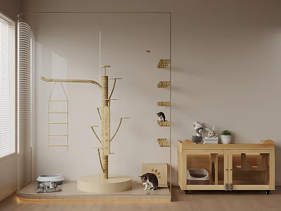 Cat Play Space With Wooden Cat Tree Litter Box And Toys Near Glass Partition 3d model