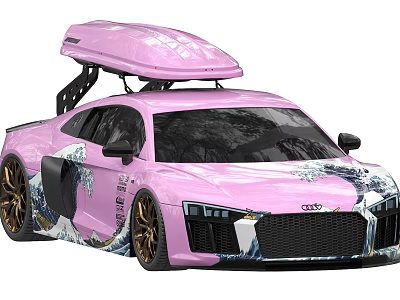 Pink Sports Car With Wave Pattern Roof Box And Gold Wheels Design 3d model