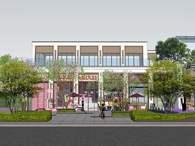 Modern Sales Center Building With Glass Facade Green Plants Trees And Paved Walkway 3d model