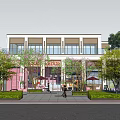 Modern Sales Center Building With Glass Facade Green Plants Trees And Paved Walkway