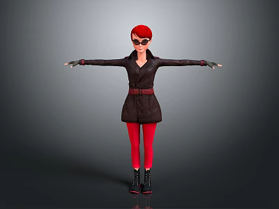 Woman with red hair wearing sunglasses black coat red pants black boots with arms outstretched 3d model
