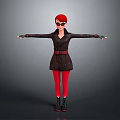 Woman with red hair wearing sunglasses black coat red pants black boots with arms outstretched