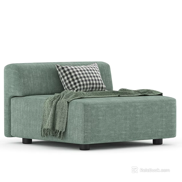 Light Green Upholstered Single Sofa With Checkered Pillow And Knitted Blanket 3d model 