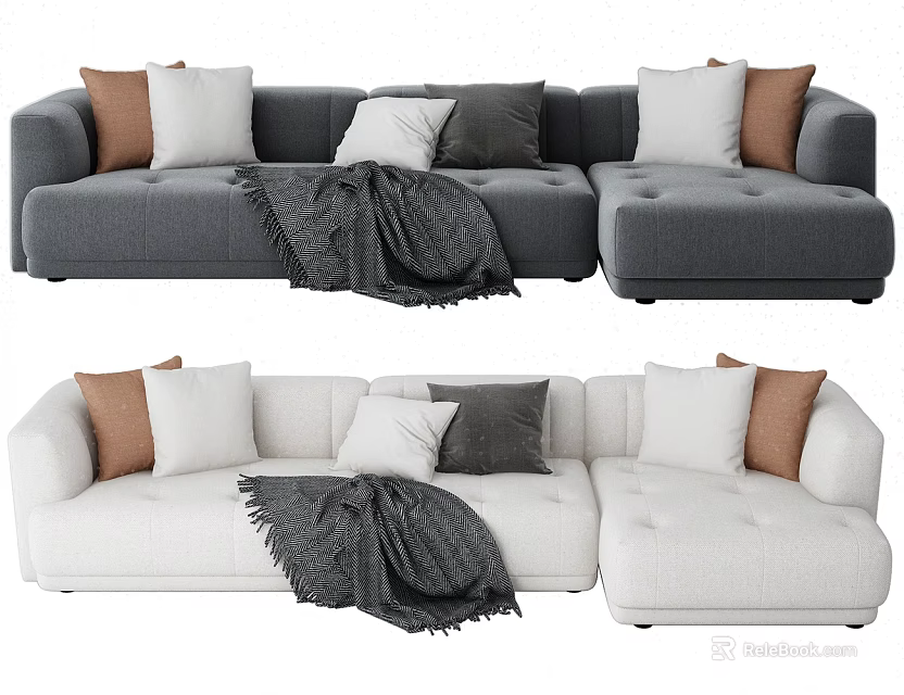 Gray And White Sectional Sofa With Pillows And Throw Blanket 3d model 