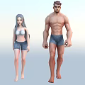Two Characters Walking Shirtless Male and Female in White Sports Bra and Denim Shorts