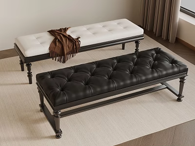 White Tufted Bench With Brown Blanket And Black Bench On Beige Rug Near Window Curtains 3d model