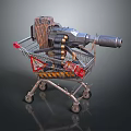 Futuristic Gatling Gun Placed in Shopping Cart With Ammunition Belts And Warning Signs