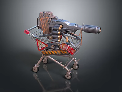 Futuristic Gatling Gun Placed in Shopping Cart With Ammunition Belts And Warning Signs 3d model
