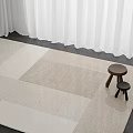Square Beige and White Patchwork Rug on Dark Floor with White Curtains and Stools
