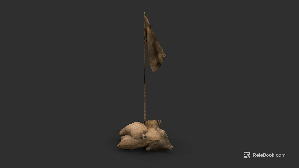 Tattered Flag Displayed On Stone Base With Wooden Pole And Dark Background 3d model 