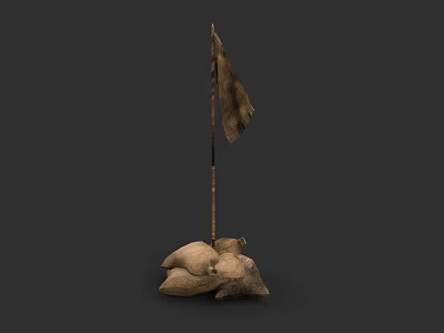 Tattered Flag Displayed On Stone Base With Wooden Pole And Dark Background 3d model