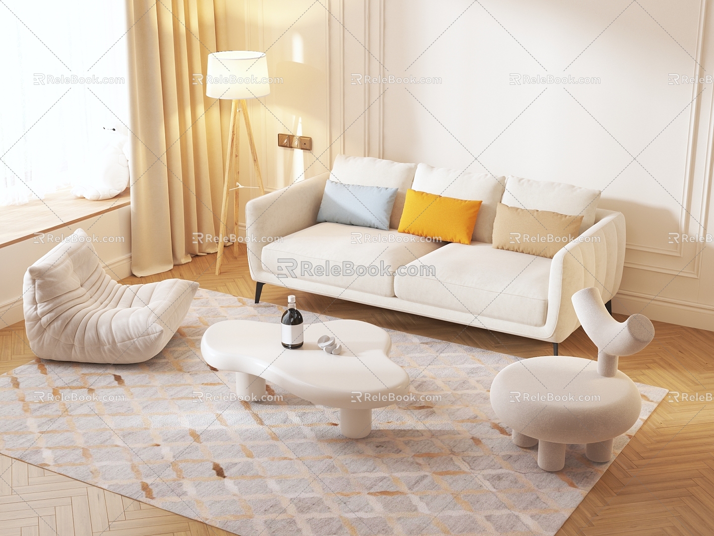 Cream Style Sofa Small Apartment Living Room Nordic Simple Creative Clothing Shop Reception Beauty Salon Internet Popular 3d model